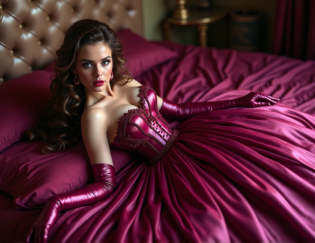 two hug Latex Princess, Wide victorian latex Princess magenta wedding gown, show titts, red lips, brown hair, Wide Petticoat, lying in bed, The whole dress touches the floor, overkneehigh latex boots, Latex gloves, Beautiful Long hair with ringlets, Picture from head to toe, Latex,
