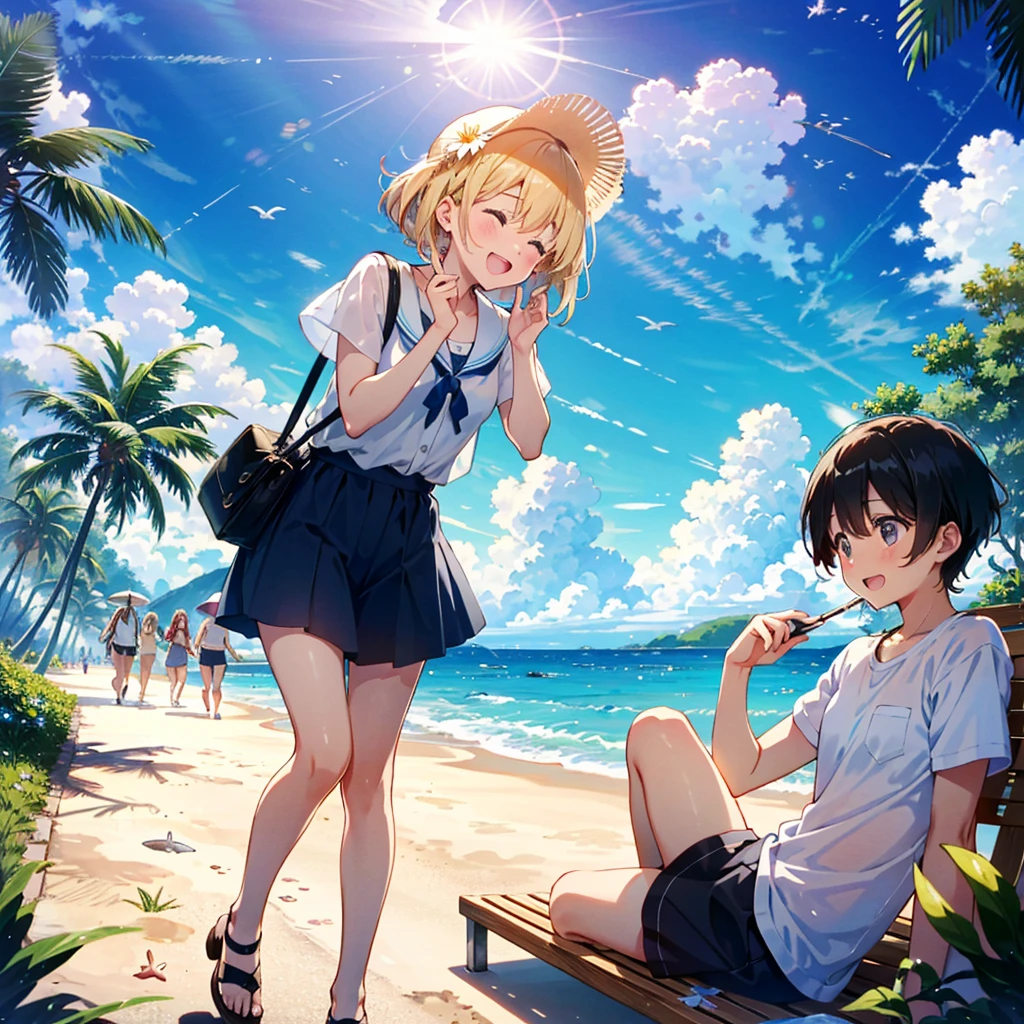 We're all going on a summer holiday, working for a week, Fun and laughter on our summer, worries, week, We, sun shines, We, where the sea is blue We, movies, let, see
