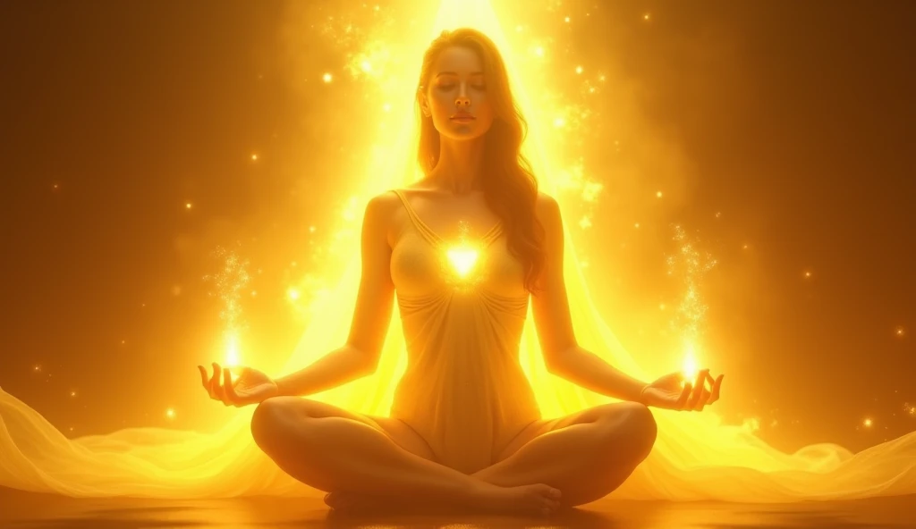 goddess meditating in lotus position channeling golden light with her hands, golden background, light background, magical atmosphere