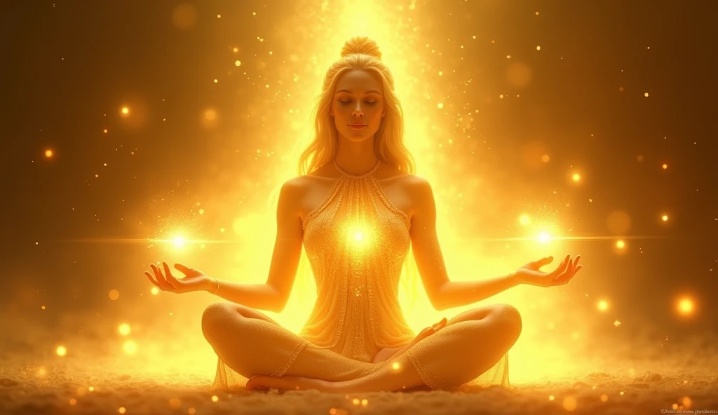 goddess meditating in lotus position channeling golden light with her hands, golden background, light background, magical atmosphere