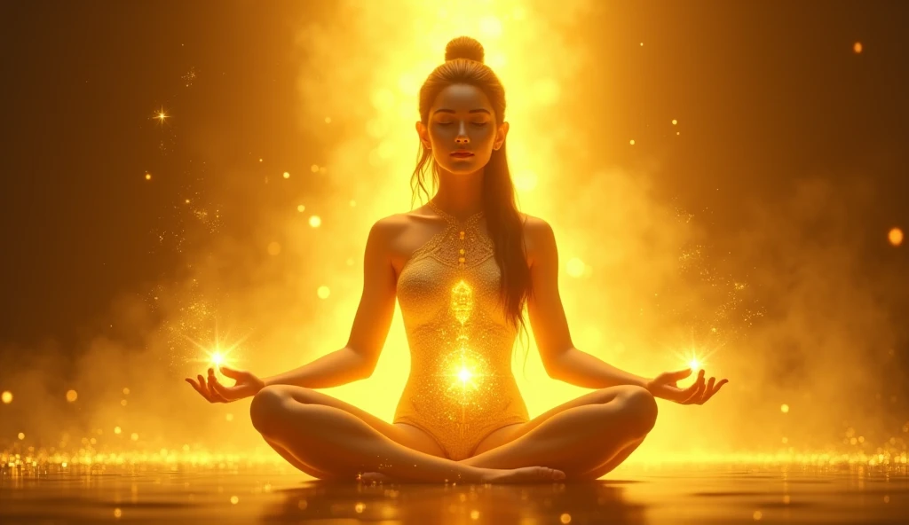 goddess meditating in lotus position channeling golden light with her hands, golden background, light background, magical atmosphere