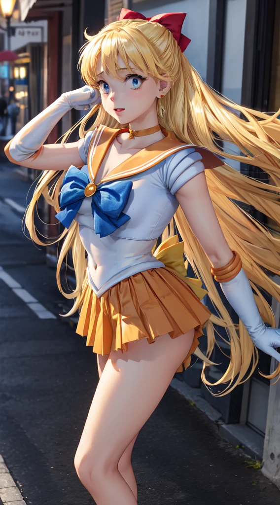 Masterpiece, Best Quality, High Resolution, Venus1, 1Girl, Solo, Sailor Warrior Uniform, Sailor Venus, Minako Aino, Blonde, Magical Girl, Blue Eyes, Orange Skirt, Elbow Gloves, Headgear, Pleated Skirt, Bow, Orange Sailor Collar, Miniskirt, Choker, Red Bow, Orange Choker, White Glove, Extra Long Hair, Jewelry, Earrings, Outdoor, Street, Walking, Front