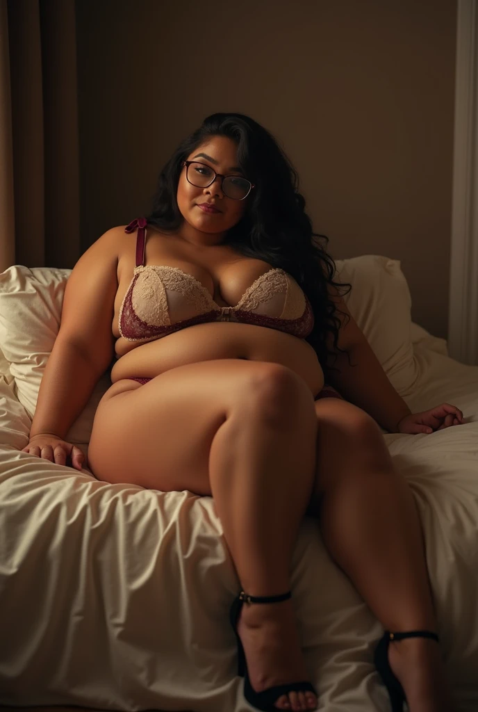 chubby girl in lingerie and high heels lies in bed