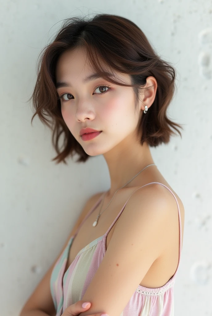 White concrete background、(8k、RAW Photos、Highest quality、masterpiece:1.2)、High-quality RAW color photos、Professional photos、(Realistic、フォトRealistic:1.37)、Photographed in natural light、1 person,necklace、Pastel camisole、(Beautiful profile:1.3)、profile、Shortcuts、((Brown Hair)、short hair、Eye color is dark brown、(Beautiful profile:1.3)、Correct hand of human body、Simple earrings、Looking at the camera
