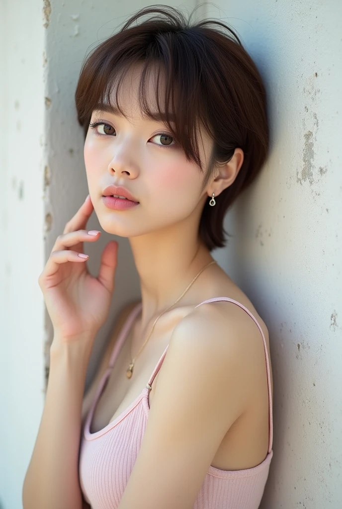 White concrete background、(8k、RAW Photos、Highest quality、masterpiece:1.2)、High-quality RAW color photos、Professional photos、(Realistic、フォトRealistic:1.37)、Photographed in natural light、1 person,necklace、Pastel camisole、(Beautiful profile:1.3)、profile、Shortcuts、((Brown Hair)、short hair、Eye color is dark brown、(Beautiful profile:1.3)、Correct hand of human body、Simple earrings、Looking at the camera
