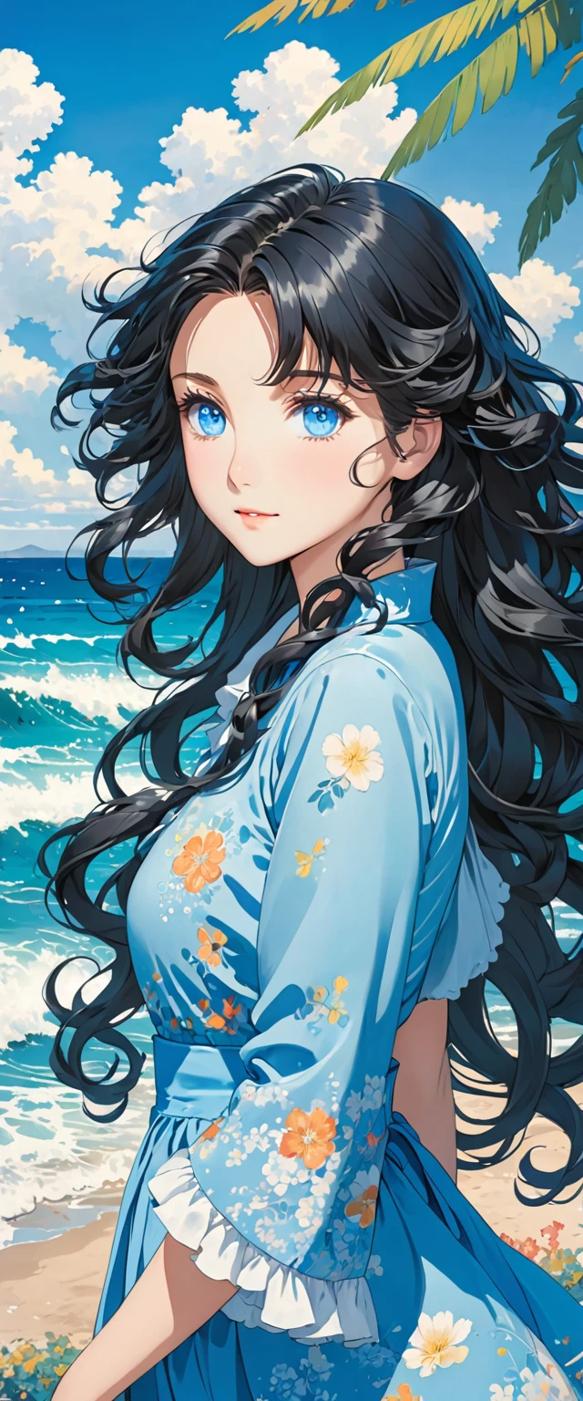 Anime image of a girl. Long black hair. Blue eyes. Near the sea. Curly silky hair,