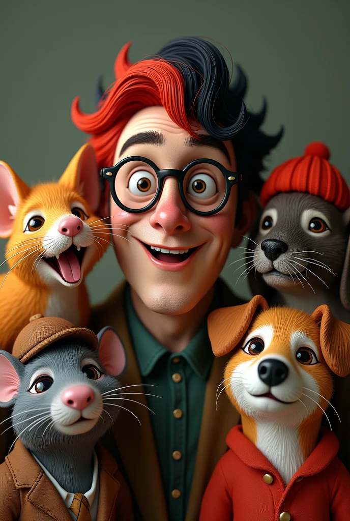 (photorealism:1.2), A quartet of singers from the 50s, A man with half-red, half-black hair wearing glasses, an anthropomorphic rat, an anthropomorphic hot dog, and an anthropomorphic pug wearing a beanie