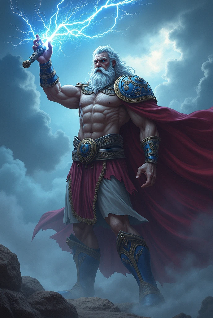Zeus holding lightning, blue eyes, angry facial expression