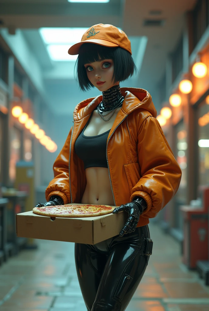 3D, CG, 1 girl, Alone, worker drone, blue eyes, bright Eyes, hollow eyes, robot, doll joints, robot parts, by rubio, very short hime cut, blunt bangs, cowboy shot, flat chest, (Wide hips, thick thighs, heavy bottom:1.3), bottomless, no panties, ingle, orange baseball cap, short jacket with orange print, (black thighs), smile, Closed mouth, abandoned shopping mall, evening, cloudy, delivering pizza, holding a pizza box with both hands,