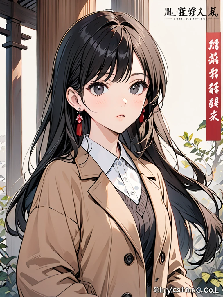 A 32 year old female with long black hair and black eyes, face and body, wearing a brown_coat,coat,collared_shirt,column,copyright_name,copyright_notice,earrings.