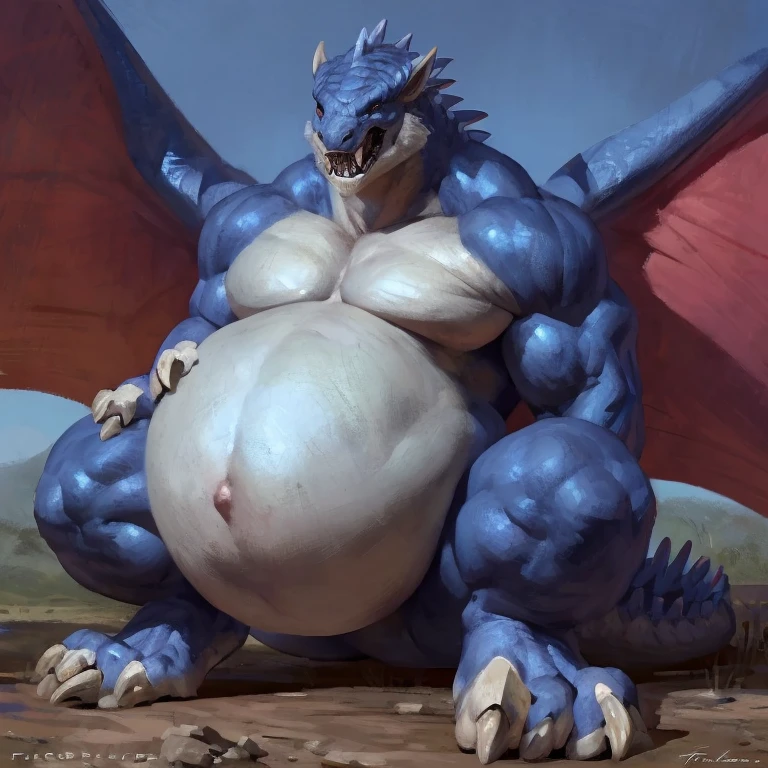 Detailed painting, by Taran Fiddler, dragoness, full body, feral, dainty, friendly, glutonous, colorful, rounded snout, wings, pregnant-like belly, round belly, dominant belly, huge belly, bloated belly, big muscles, wide body, thick body muscles, powerfull muscles, beefy muscles, thick neck, beefy neck, sharp fangs, long and sharp fangs, big feet, long feet, powerfull feet, thick feet, long and sharp claws, tall, enormous, giant, gigantic, gargantuan, kaiju, powerfull look, badass look