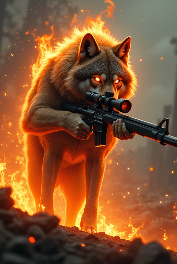 Wolf on Fire with a Sniper Rifle