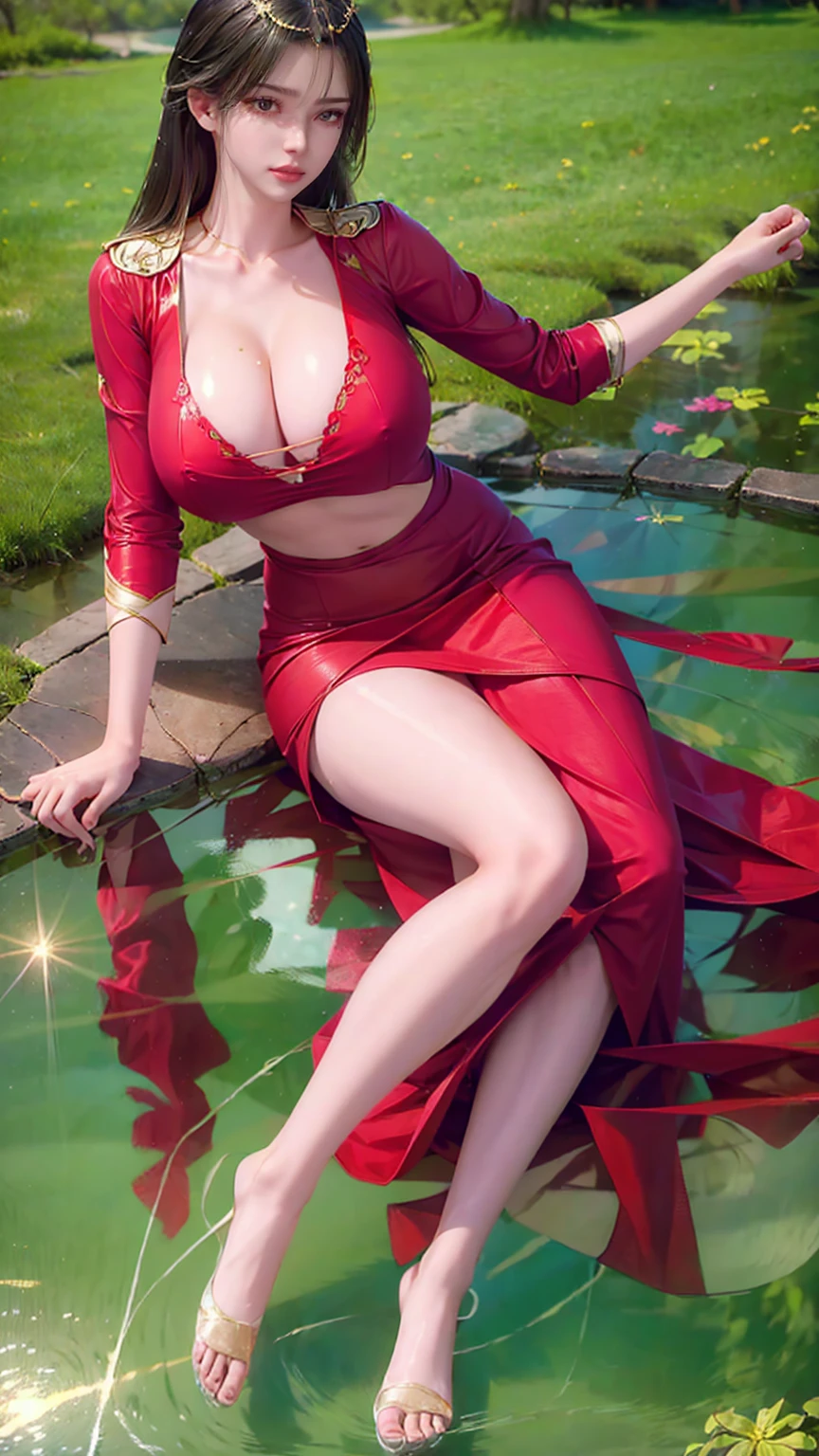A girl standing on the bed under the stars, delicate smile, beautiful delicate eyes, beautiful delicate lips, extremely delicate face and eyes, long eyelashes, sexy body, flowing hair, best picture quality, famous works, ultra high resolution, (realistic :1.4), RAW photos, (Beautiful face :1.2), (Lying on the water :1.5), 1 girl, (Surreal), (8K), (4K), physical rendering, starry sky, ((full body shot)), barefoot, cross-legged, wearing a dress, long skirt