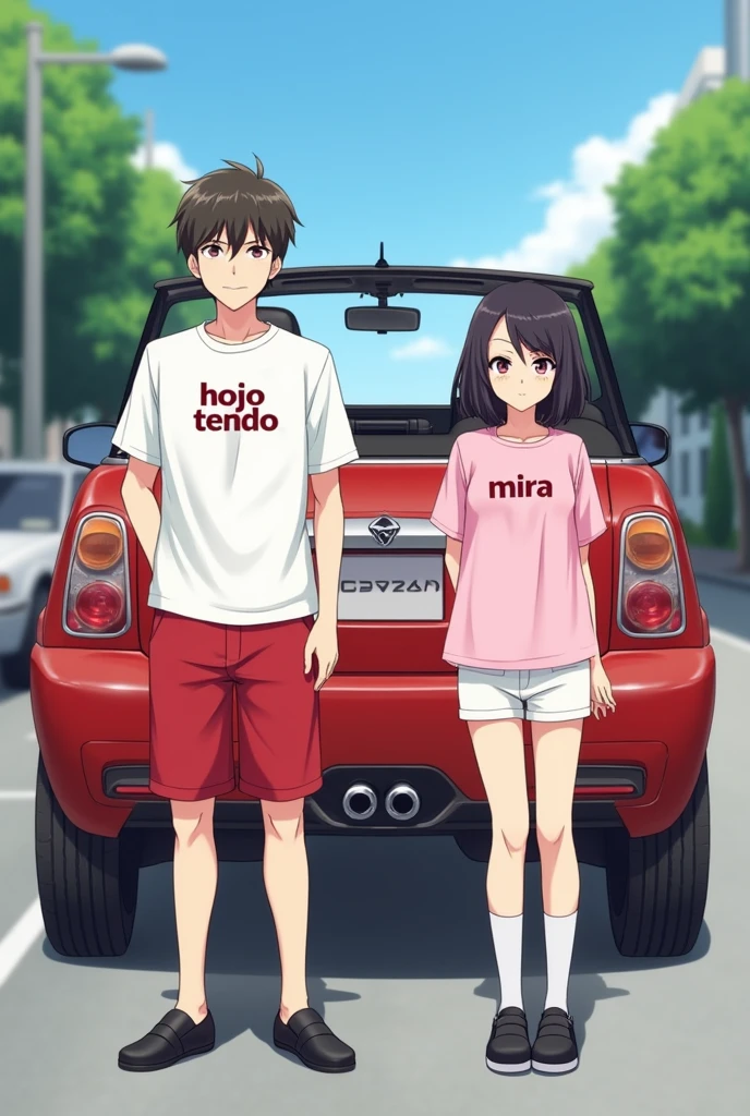 1 Japanese man,Age 16,short hair,White short-sleeved shirt with the words Hojo Tendo written on it. ,red shorts,Black School Shoes,1 Japanese woman,Age 23,short hairถึงคอ,Pink short-sleeved shirt with Mira written on it.,white shorts,black shoes,behind,Red open top car
