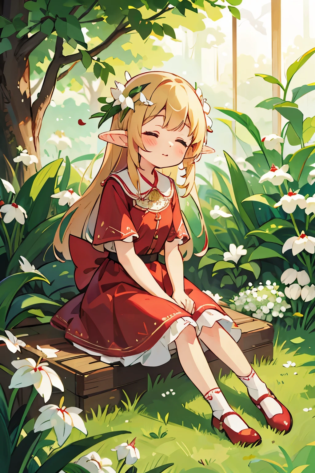 Photorealistic、（Red dress、Elf、sleepy、Mouth slightly open、hair ornaments、Sitting、Cute Shoes）、Lily of the valley hill、night