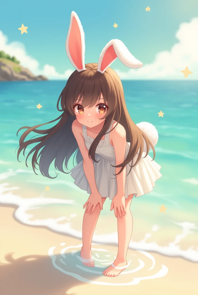 beautiful photo, Highest quality, cute, Beach, pastel colour, Fluffy bunny ears, , Brown long hair, Rabbit doll, Twinkle Star, Brown eyes, cute表情, cuteもの,   White skin, Active, Are standing, bending upper body, Soak your feet in water, Wind, Place your hands on your knees, whole body,Super mini size