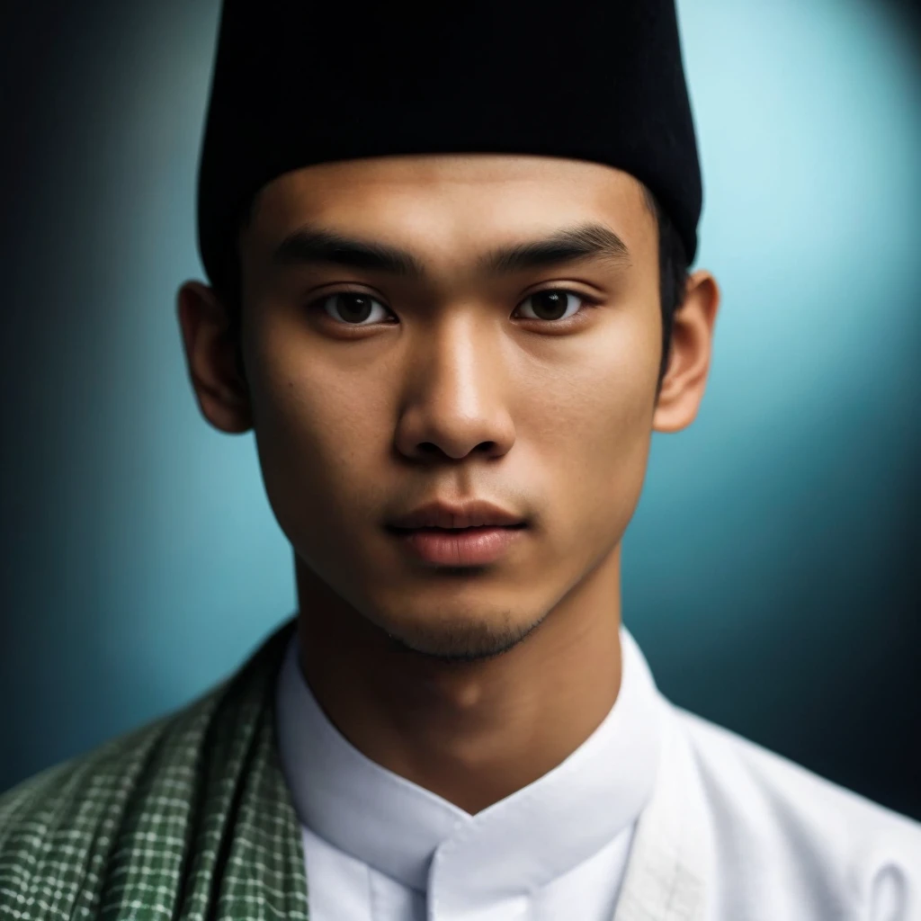 a 23 year old Indonesian man, oval shaped face, (very clean face), wearing traditional clothes, including a white robe and a green mantle. He wears a black hat on his head. The background of the picture is a blurry dark blue, looking at the camera. natural light, best quality, realistic eyes, very detail, ultra high resolution, long shot