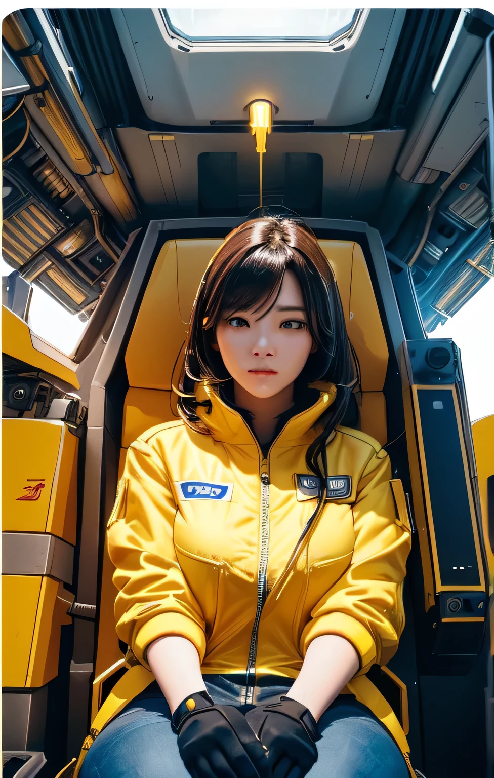 visual: In the cockpit of a spaceship、A woman in a yellow jumpsuit is sitting。On either side of her are giant french fries.、It gives the whole scene a futuristic and extraordinary feel.。 Camera Motion: The camera slowly zooms in on her from a low angle.、Her quiet look、Highlights unrealistic elements of the surroundings。