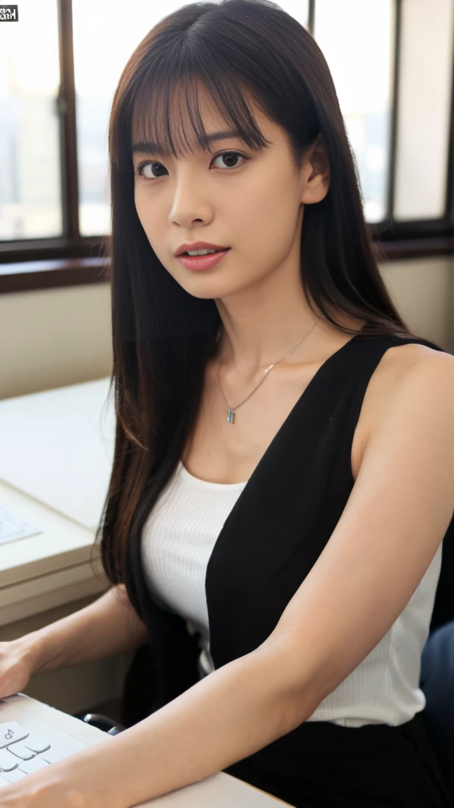 (top-quality, 16K, masterpiece:1.3), (ultra detailed), (masterpiece), (best quality), Highest quality, Realistic, Surreal, Highest quality, Extremely detailed CG, Very delicate, 16K wallpaper, High resolution, A woman in a management position at a prestigious company, 3, beautiful woman, ((orgasm:1.5)), ((ecstasy:1.5)), (mole under eye), ((UNTITLED business suit:1.2)), ((Very simple necklace)), With a large window Japanese office, ((Working at desk:1.5)), Japanese, slender body, very detailed, detailed fingers, detailed hands, detailed eyes, detailed legs, accurate and perfect human anatomy, real human skin, BREAK ((upper body:1.5)), ((look into the viewer's eyes:1.5)), ((looking at viewer:1.5)), ((Front view:1.5)), ((from front:1.5)),