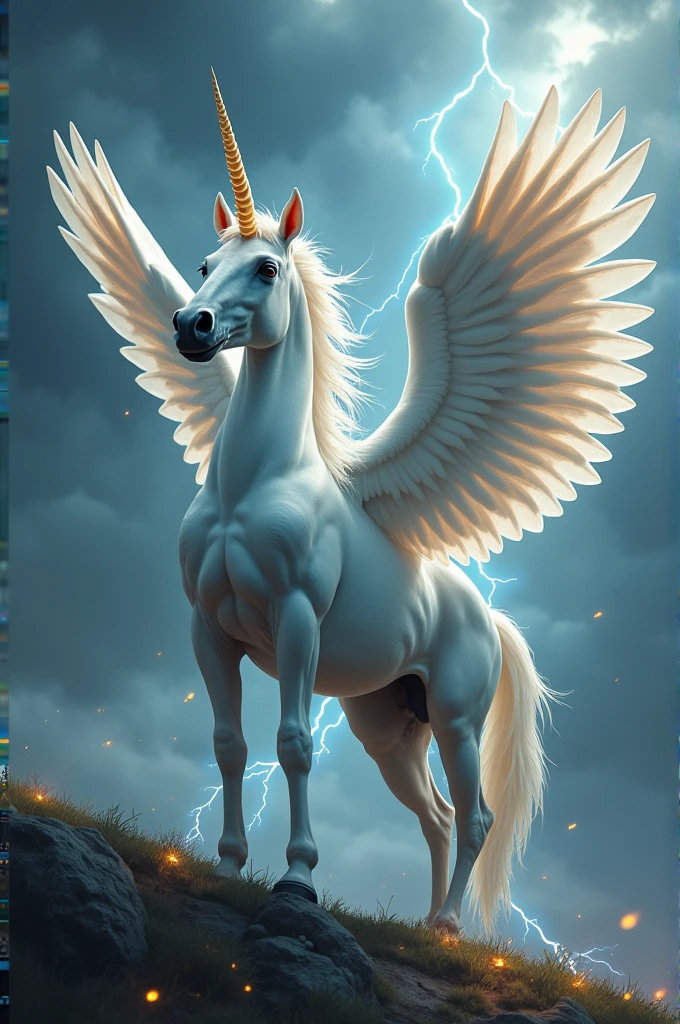 Giant unicorn with huge wings with sparkle and thundet