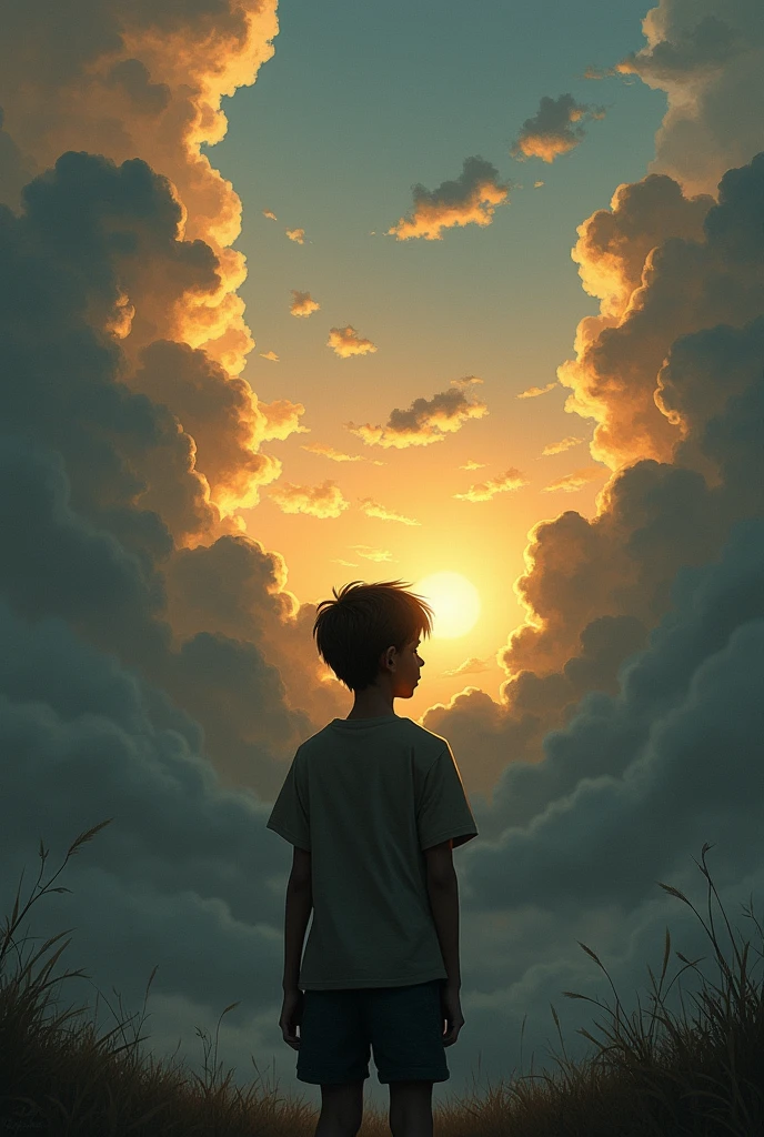 A sad boy with sunset view standing in heavy clouds
