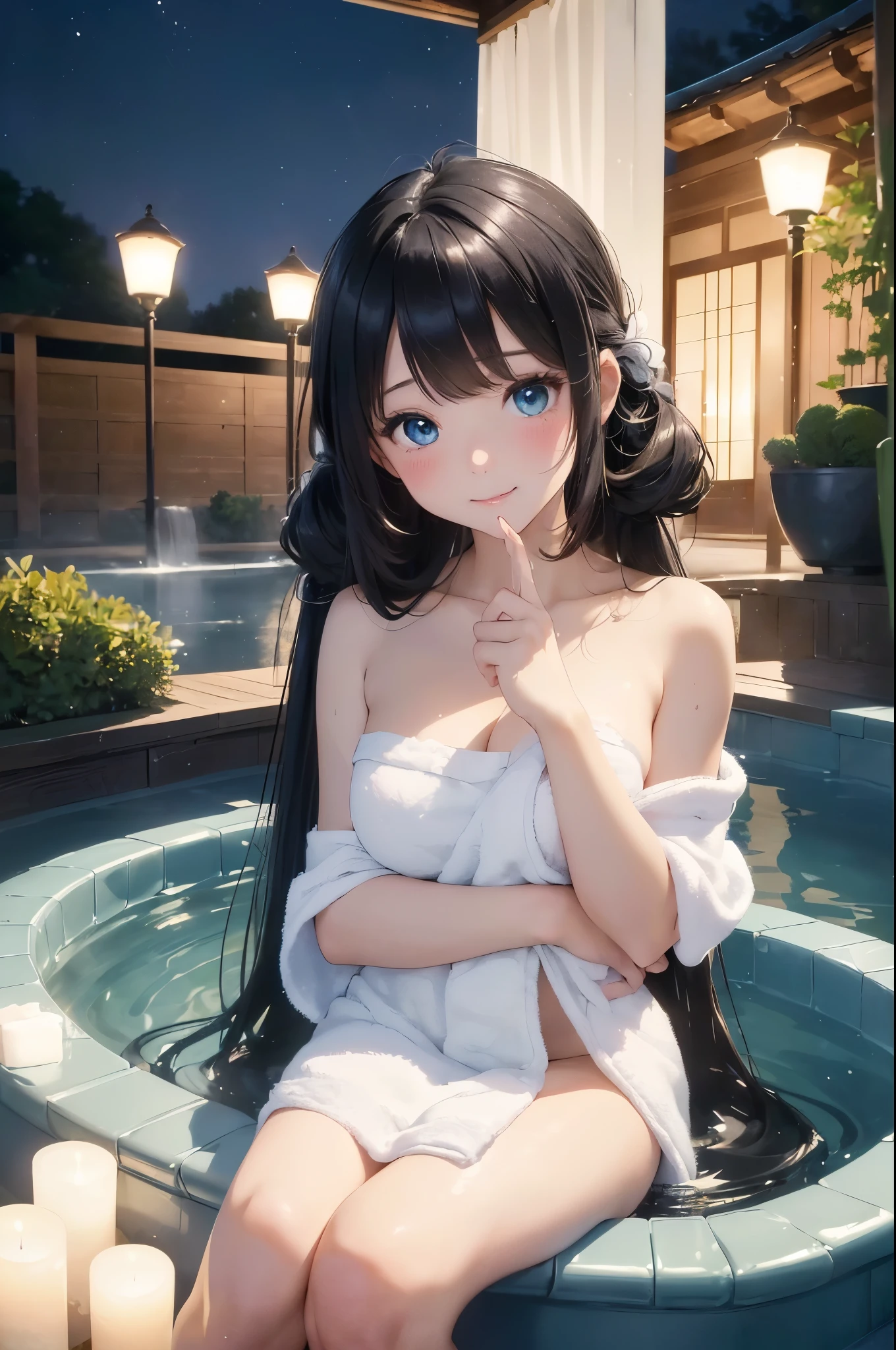 ((masterpiece)), ((highest quality、Ultra high definition)), (Very detailed),((8k、Photo quality))、((Amazingly cute girl))、(1 girl,)、Two people, , (Beautiful emerald blue eyes), ((smile)),((Ultra-luxury Japanese-style inn in Japan、A large open-air rock bath)), Beautifully arranged black hair in twin tails、Slim Body、(Cute little breasts)、(((A white bath towel is wrapped around her)))、Professional Lighting、(White lace knee-highore detailed and beautiful)、(More details and cutenesore realistic)、((Just wear light clothing))、Frolic in the pool、(Too cute)、(The embodiment of cuteness)、(Godly cuteness)、((Night view))、((It seems visible but it&#39;s not))、