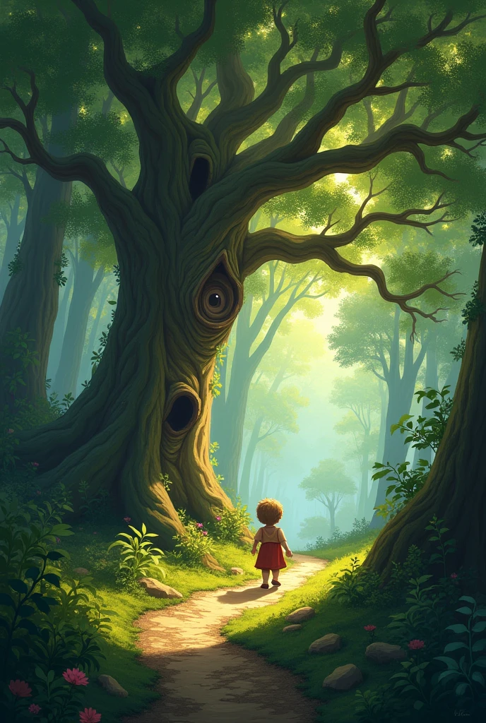 The child follows the tree's instructions and exits the forest.