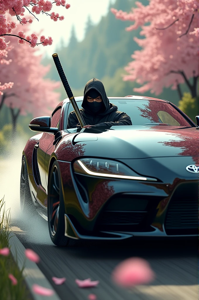 Generate a black supra driving and a man in the car window wearing a ninja mask holdin a shining katana and cherry blossom flowers flyig while the car is driving