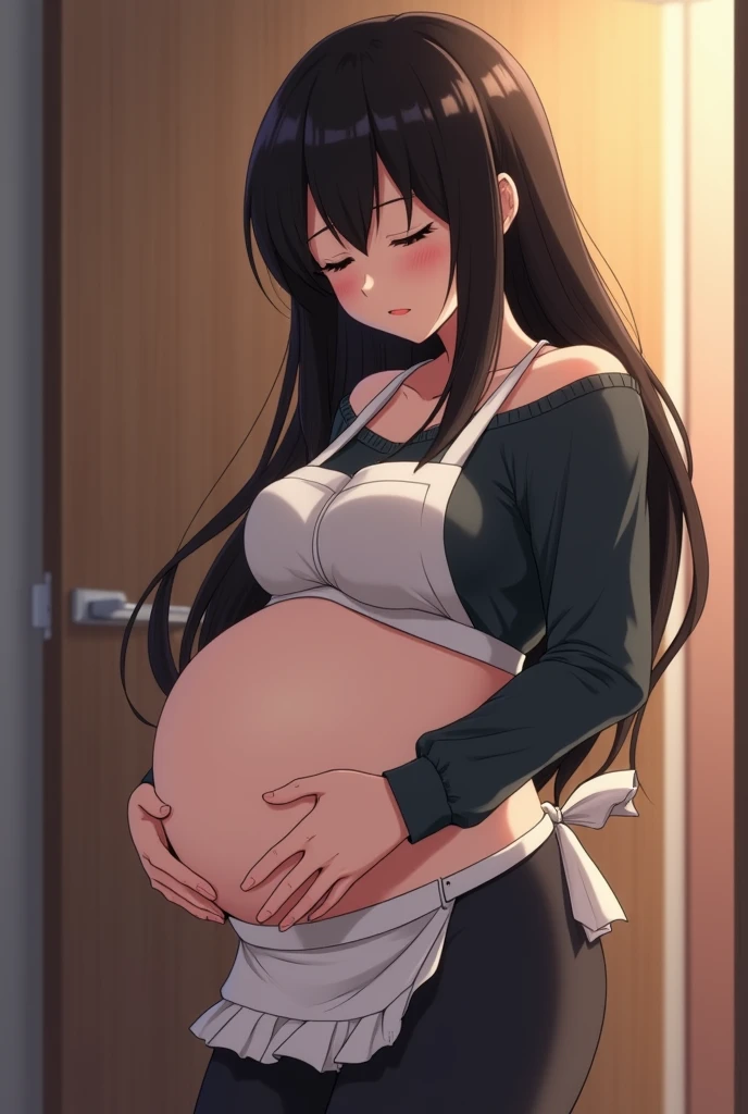 anime black long haired big pregnant with tights apron giving birth in pain
