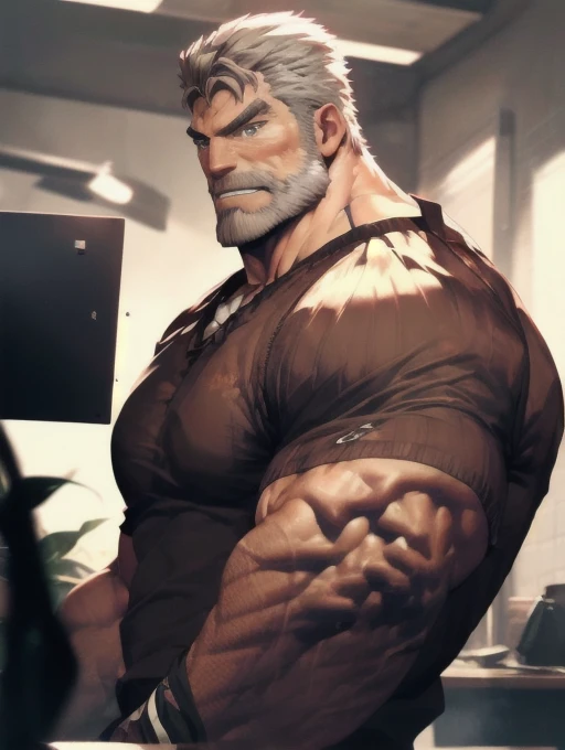 1man, handsome, middle-aged man, smirk, muscular, beefy muscles, big bulge, wearing black t-shirt paired in Brown sweater, redefined, aesthetic, Closer distance face, Closer distance head, his Closer distance pressing against me, hd, high quality, 8k Resolution