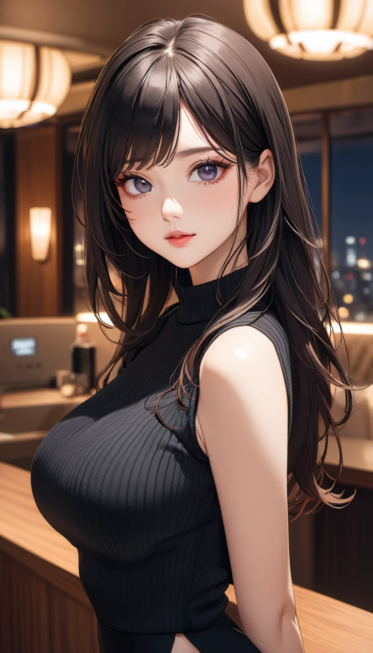 masterpiece, high resolution, beautiful woman, Korean Beauty, 30 years old, black sleeve less sweater, mini pencil skirt, beautiful woman, night hotel, standing and looking at me, high resolution face, (high resolution eyes), black hair, little curvy, big breast