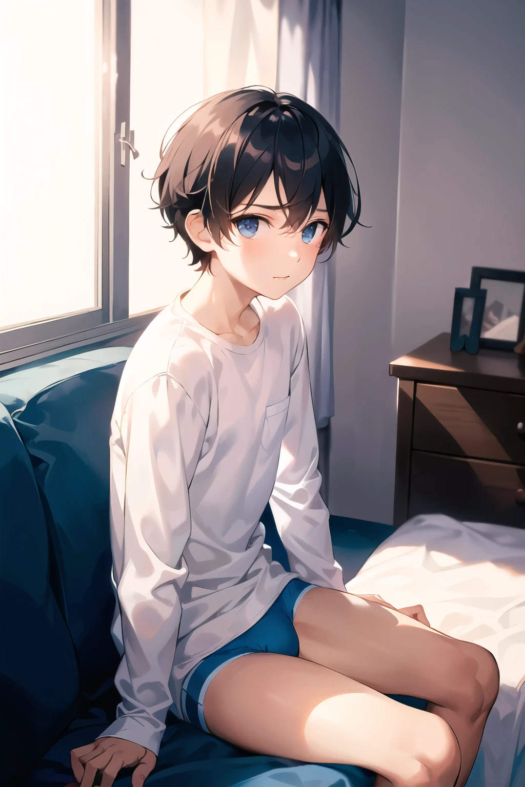 a boy sitting in a bedroom, wearing a white long sleeve shirt and blue underwear, viewed from the side,