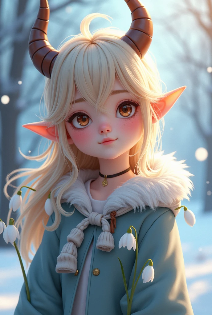 Create an animated gaming avatar called snowdrop (should have horns, young woman) blond but also dangerous. Include snowdrops in the picture. Less detail please
