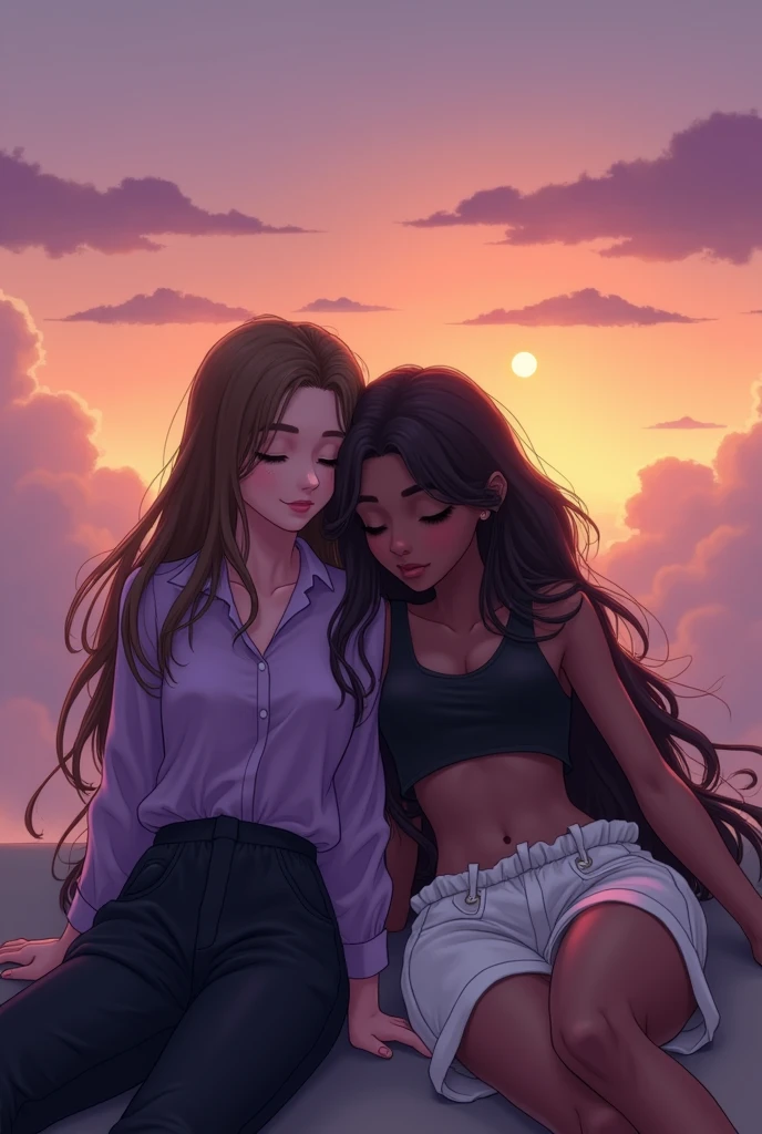 Two girls,sitting next to each other,one has her head lying down and resting on the other girl's shoulder,they're on their backs, you can't see their faces, in the sky at dusk that has a gradient from pink to orange and yellow with clouds that appear to be purple, one of them has long wavy brown hair, and wears a long-sleeved lilac blouse, and loose black pants,the other is BLACK and has DARK SKIN,WITH LONG CURLY HAIR,WEARING A WHITE MICRO SKIRT,COM UM CROPPED PRETOA