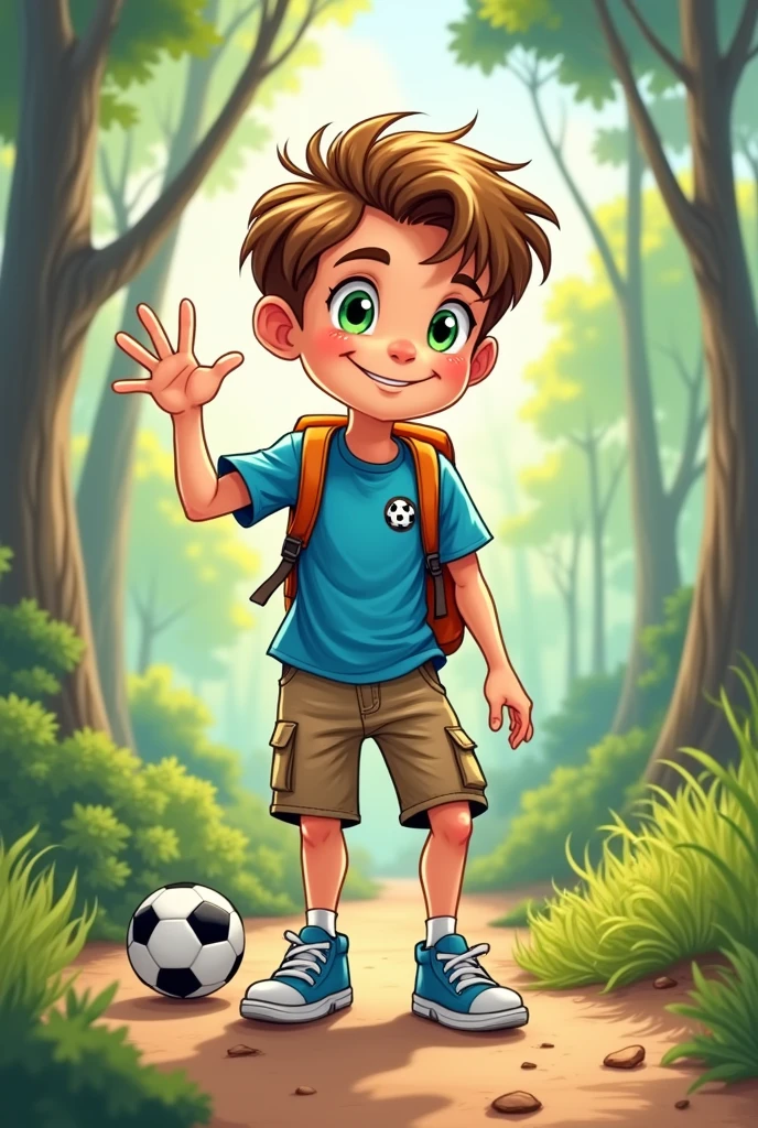 Sam
Age: 
Gender: Male
Height: Average height for his age
Build: Slim and athletic, enjoys playing soccer
Hair: Short, light brown hair, slightly messy
Eyes: Bright green eyes, always full of curiosity
Clothing: Usually wears a blue t-shirt with a soccer logo, cargo shorts, and sneakers
Personality: Adventurous and energetic, Sam is often the leader of the group, always eager to explore new places.cartoon