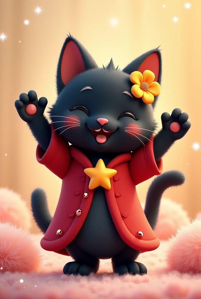 Very cute black tomcat, There is a yellow flower in his ear, Stand and wave, The yellow star on his stomach, Wearing a red robe, Red Tail, Pastel colored fluffy, Glitter effect