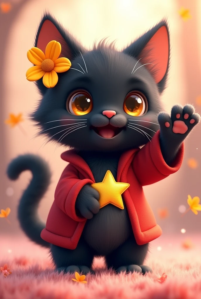 Very cute black tomcat, There is a yellow flower in his ear, Stand and wave, The yellow star on his stomach, Wearing a red robe, Red Tail, Pastel colored fluffy, Glitter effect