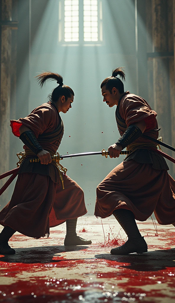 2 samurai fighting while carrying katana in their hands,fighting in an empty building full of wounds and splashes of blood flowing on both of their bodies