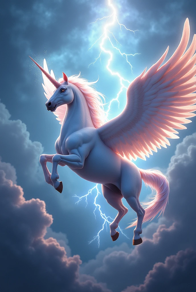 Giant unicorn with huge wings with sparkle and thundet flying 