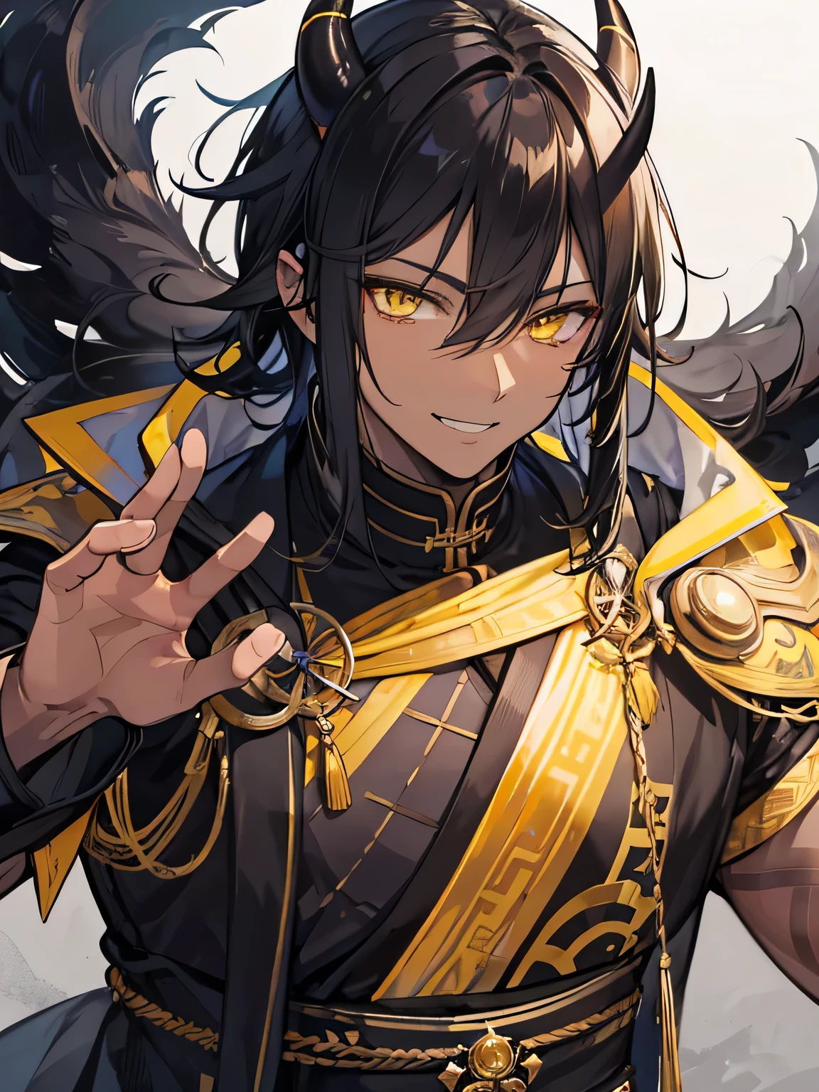 A handsome man, Black Oni, smiling, yellow eyes color, dark balck hair color, Oni horns, 3, dark brown skin color