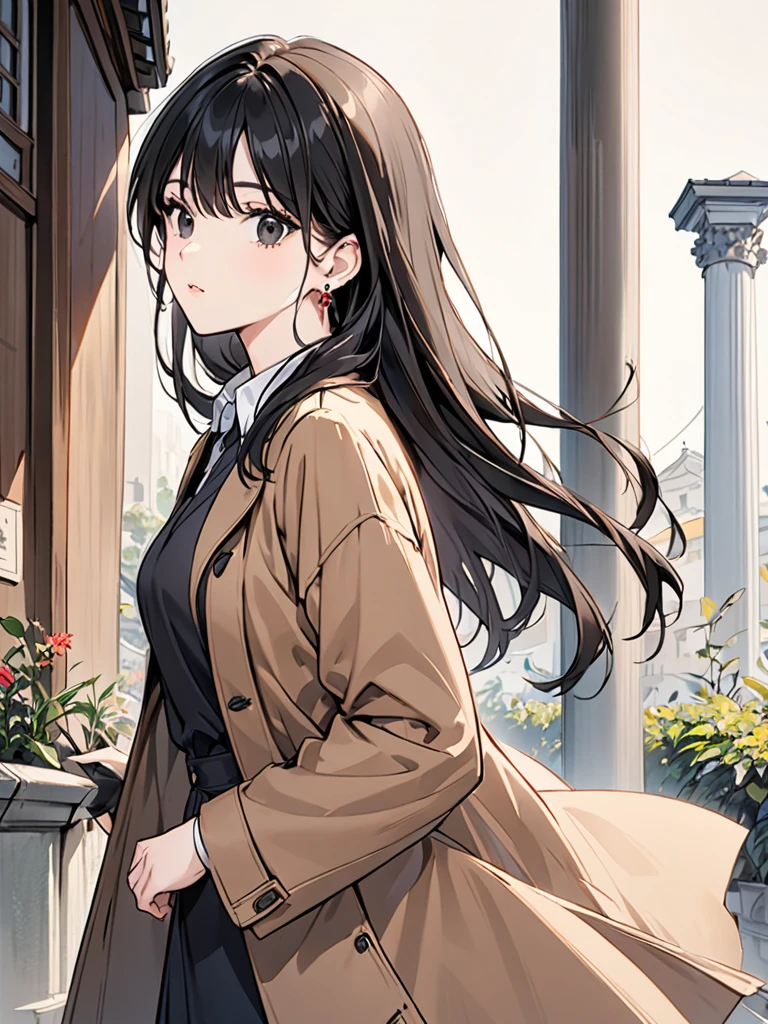 A 32 year old female with long black hair and black eyes, face and body, wearing a brown_coat,coat,collared_shirt,column,earrings.