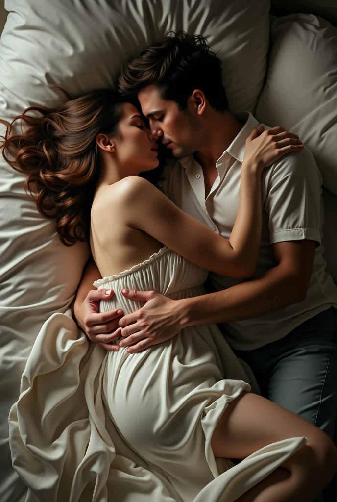A hyperrealistic photograph of a passionate embrace between a man in a shirt and a woman in a dress. They are entangled on a messy bed, sheets twisted around their bodies. Soft, diffused lighting casts gentle shadows, emphasizing their intimate connection. The woman's eyes are closed in ecstasy, while the man gazes down at her with a possessive intensity. The atmosphere is thick with desire and unspoken promises.