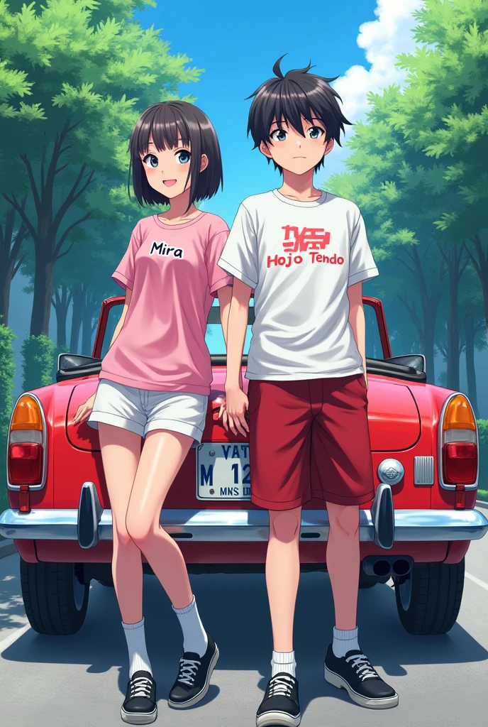 1 Japanese man,Age 16,short hair,White short-sleeved shirt with the words Hojo Tendo written on it. ,red shorts,Black School Shoes,1 Japanese woman,Age 23,short hairถึงคอ,Pink short-sleeved shirt with Mira written on it.,white shorts,black shoes,behind,Red open top car,Beautiful anime