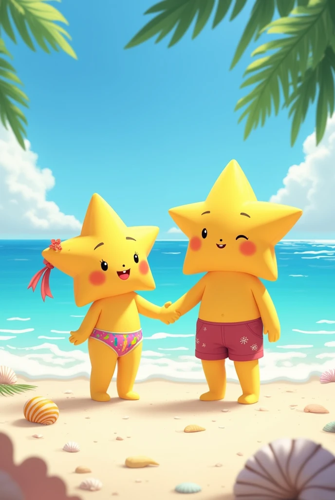 Create a cute little star in a bikini and another little man star in shorts , with on a beautiful beach with hands together looking at the beach happily 
