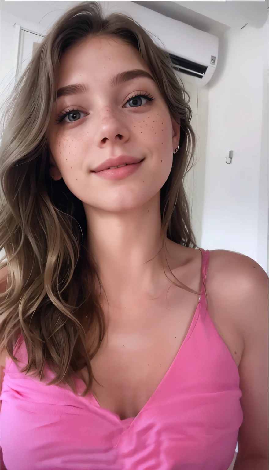 Face of a woman, americana, age 25, pale skin and freckles, grey-eyed, delicate nose, soft and delicate lips, Long Wavy Gray Blonde Hair, Sweet smile, loose and full hair