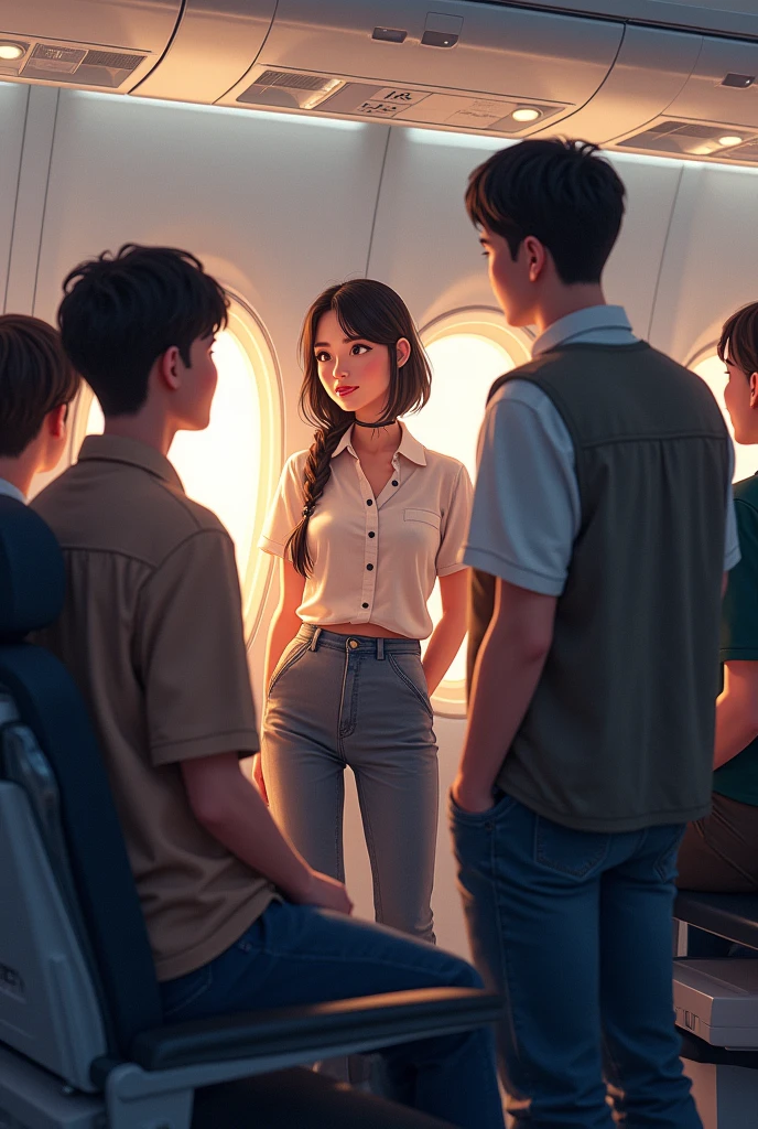 girl with male tourists talking to a flight attendant about the menu