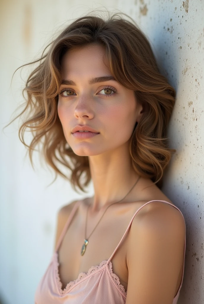 White concrete background、(8k、RAW Photos、Highest quality、masterpiece:1.2)、High-quality RAW color photos、Professional photos、(Realistic、フォトRealistic:1.37)、Photographed in natural light、1 person,necklace、Pastel camisole、(Beautiful profile:1.3)、profile、Curly Hair、(Light brown hair)、Eye color is brown、(Beautiful profile:1.3)、Correct hand of human body、Simple earrings、Looking at the camera
