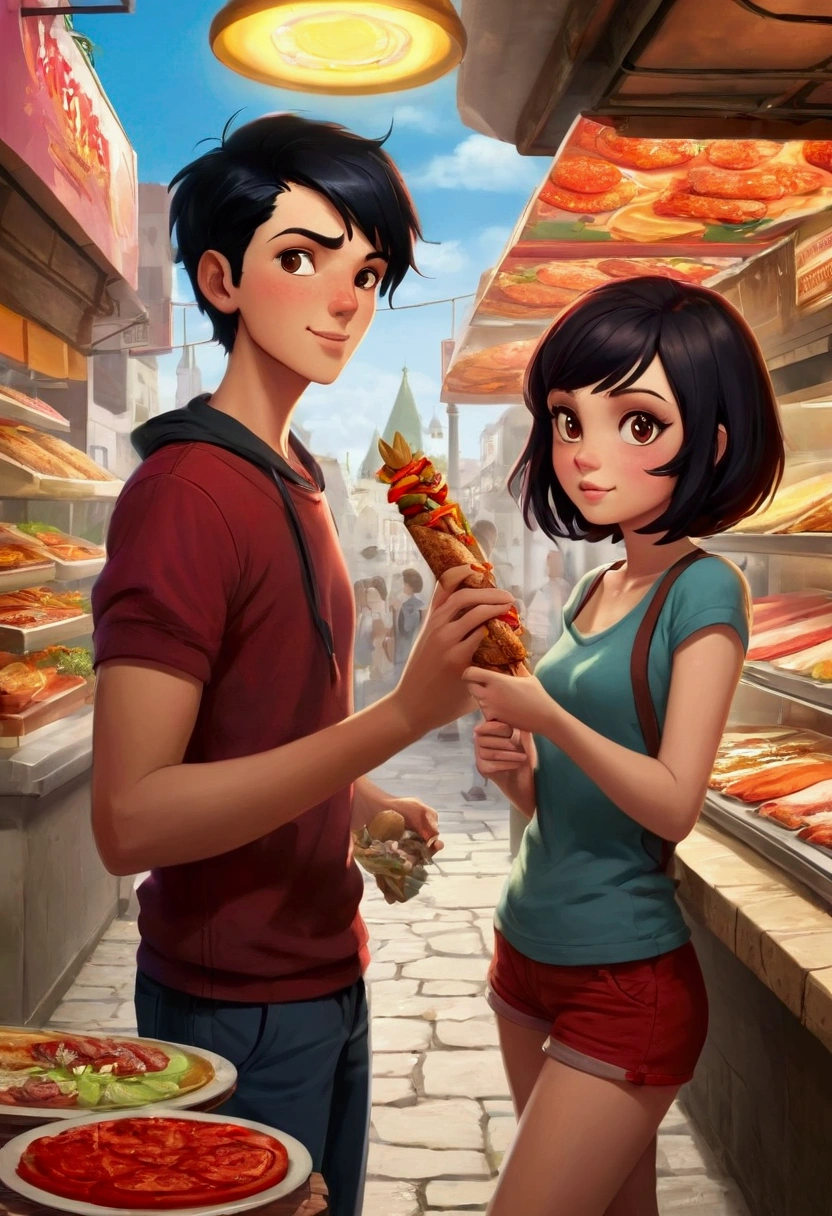 boy 25 year old with black hair medium lenght and girl 25 year old with dark red short hair ordering a kebab