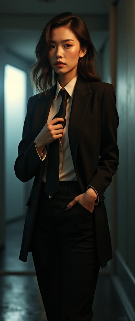 a chic ensemble stylish asian woman in a open button suit and tie saunting with swagger strife with gun posited, posing (best quality,4k,8k,highres,masterpiece:1.2),ultra-detailed,(realistic,photorealistic,photo-realistic:1.37),HDR,UHD,studio lighting,ultra-fine painting,sharp focus,physically-based rendering,extreme detail description,professional,vivid colors,bokeh,portrait,high fashion,elegant,glamorous,cinematic,dramatic lighting,moody,mysterious,sensual,sophisticated