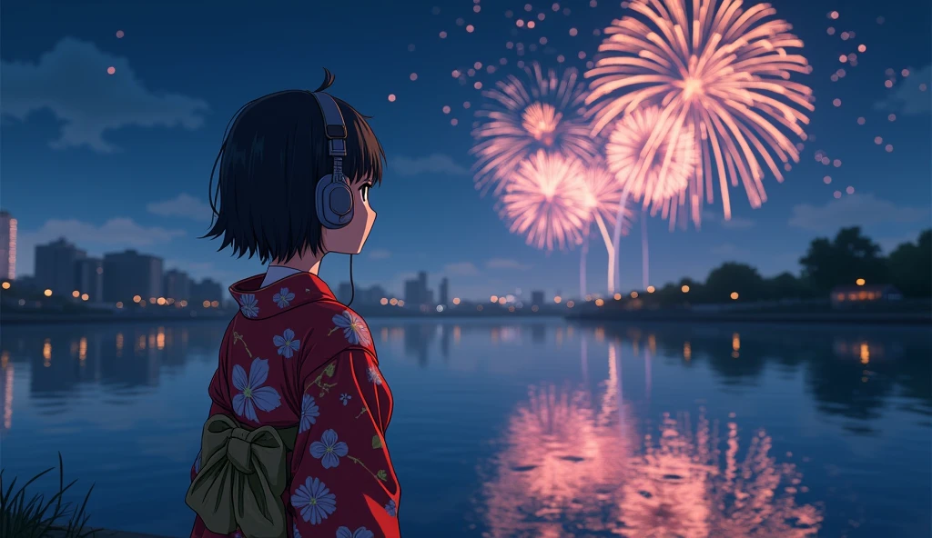 Perfect image, night、Calm atmosphere、Riverbank、Watch the fireworks、excited、high school girl、yukata、Big Breasts、Short Hair、Use headphones、8k, 2D-style animation, Lo-Fi、Retro、Anime style illustrations、Line art with clear outlines